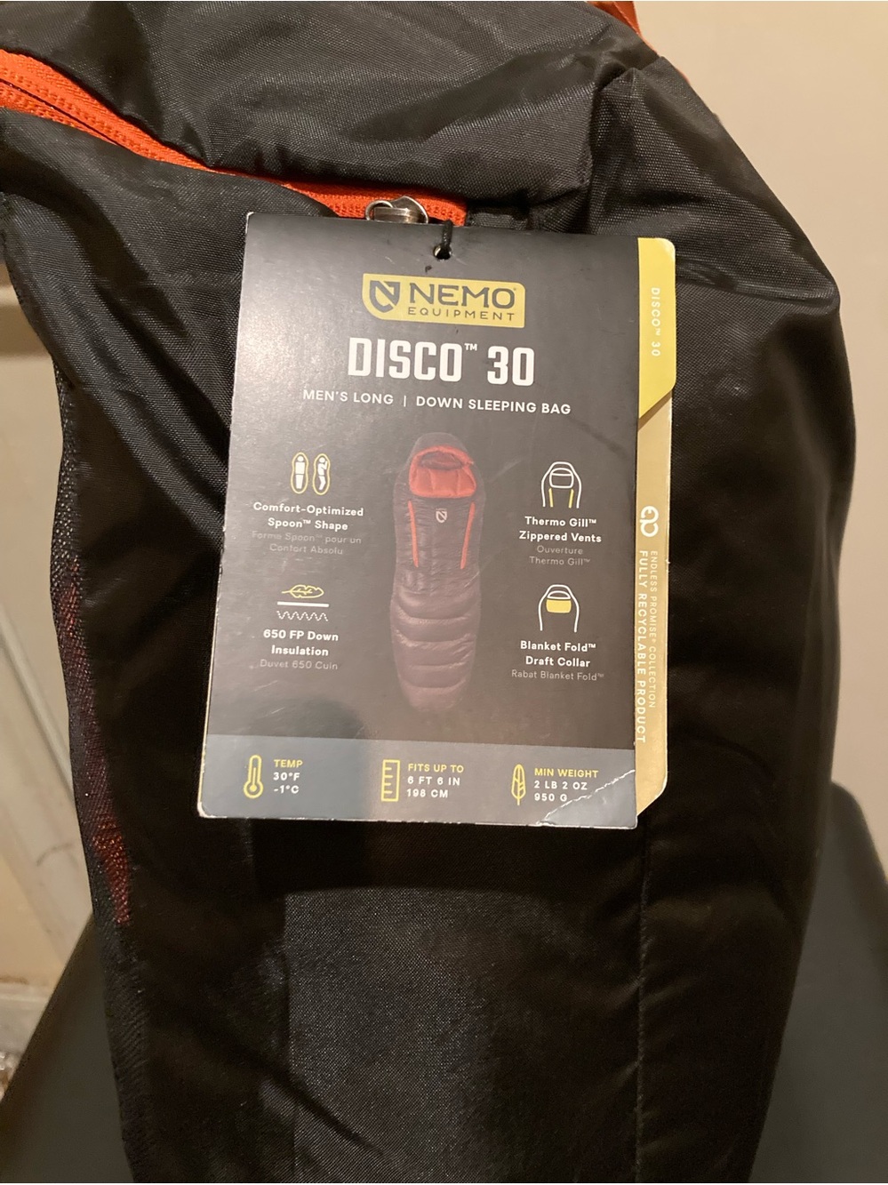 Nemo Equipment Disco 30 Sleeping Bag - Black with Orange Accents - Picture 3 of 5